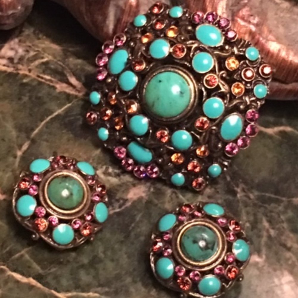 JOAN RIVERS Turquoise Amethyst Brooch/Pin Earrings
